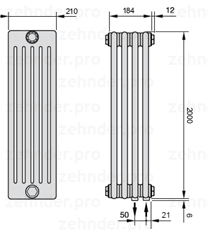 Схема (чертеж) Радиатор Zehnder Charleston 6200/4 №5510 Белый глянцевый RAL 9016